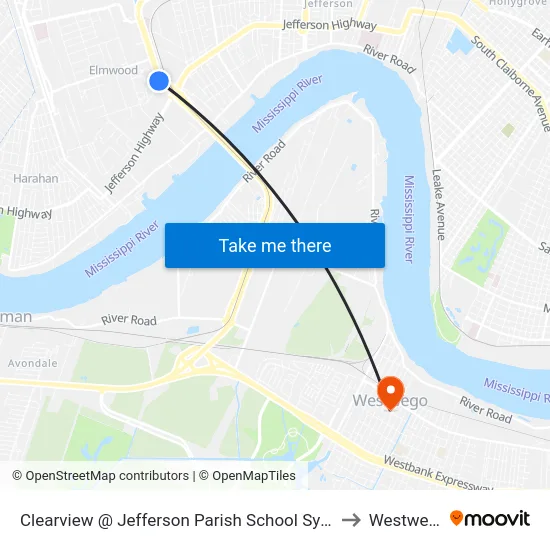 Clearview @ Jefferson Parish School System to Westwego map