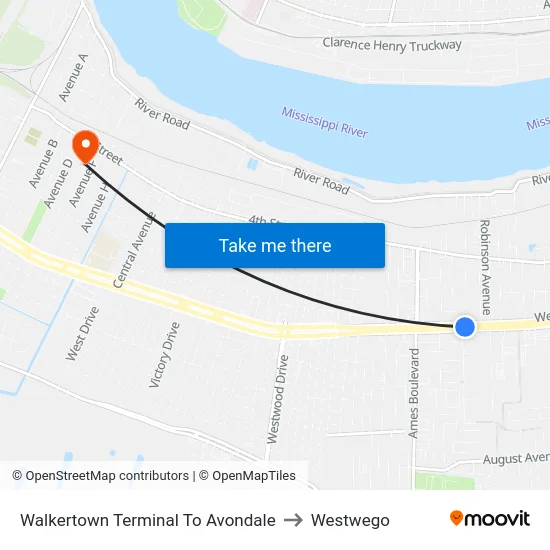 Walkertown Terminal To Avondale to Westwego map
