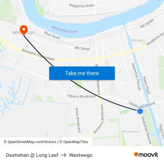 Destrehan @ Long Leaf to Westwego map