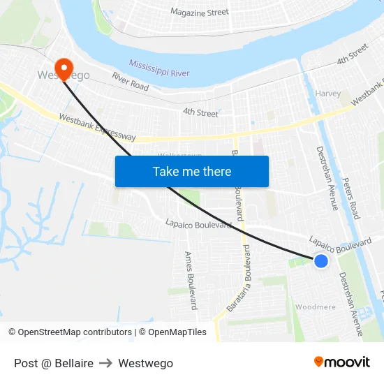 Post @ Bellaire to Westwego map