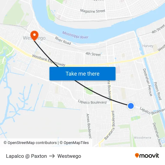 Lapalco @ Paxton to Westwego map