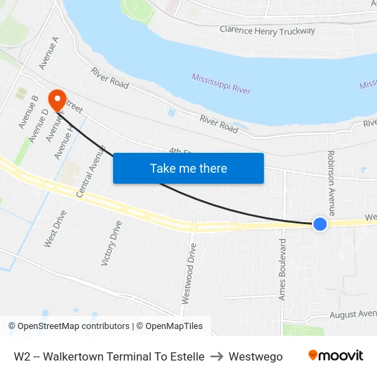 W2 -- Walkertown Terminal To Estelle to Westwego map