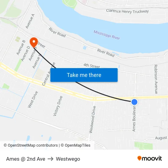 Ames @ 2nd Ave to Westwego map