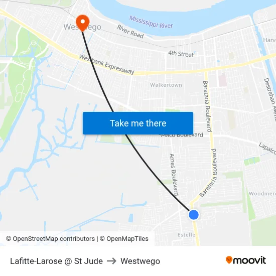 Lafitte-Larose @ St Jude to Westwego map