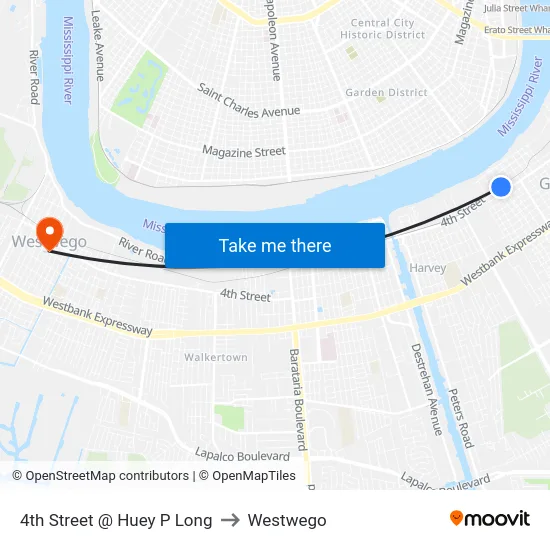 4th Street @ Huey P Long to Westwego map