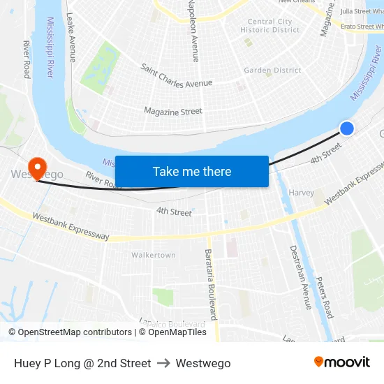 Huey P Long @ 2nd Street to Westwego map