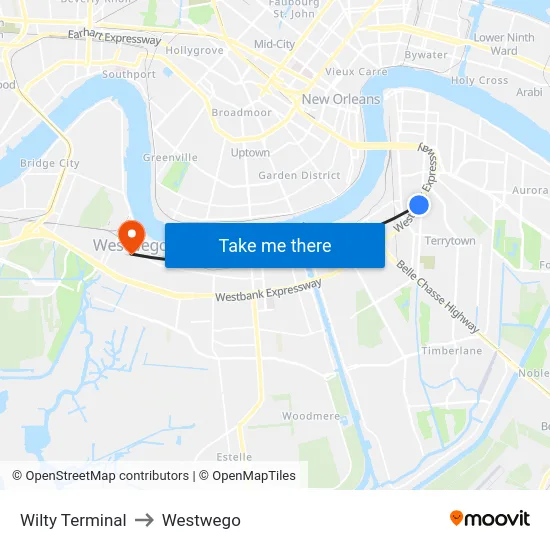 Wilty Terminal to Westwego map
