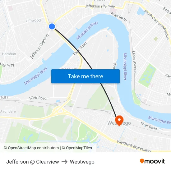 Jefferson @ Clearview to Westwego map