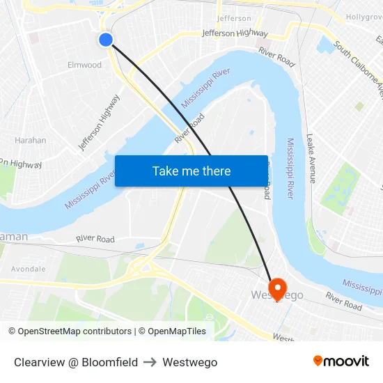 Clearview @ Bloomfield to Westwego map