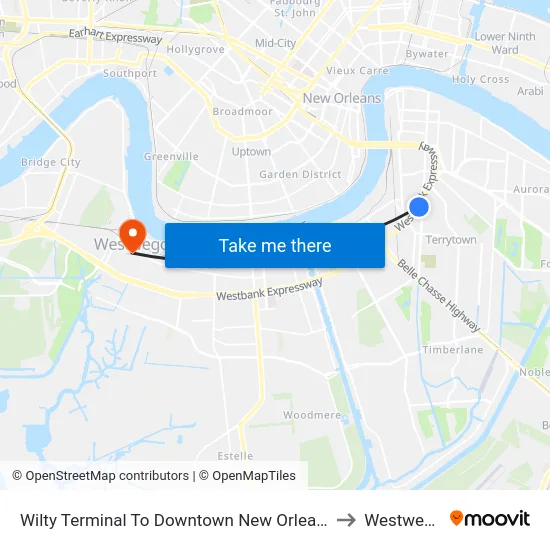 Wilty Terminal To Downtown New Orleans to Westwego map