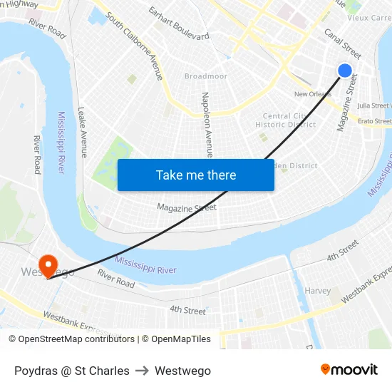 Poydras @ St Charles to Westwego map