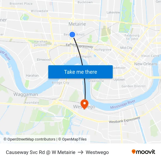 Causeway Svc Rd @ W Metairie to Westwego map
