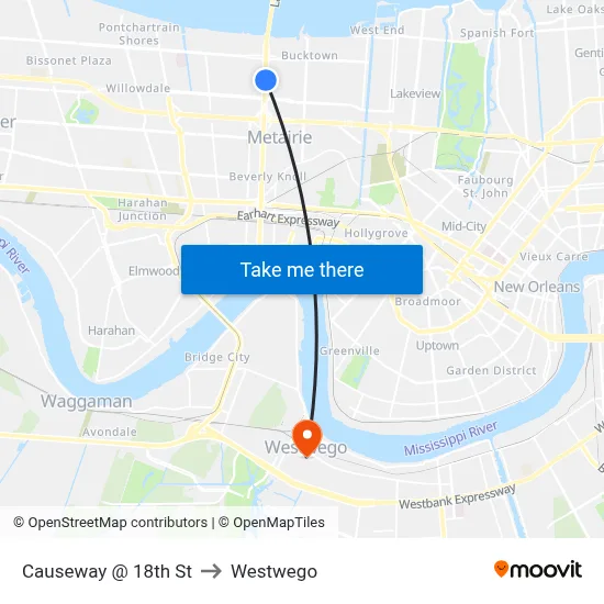 Causeway @ 18th St to Westwego map