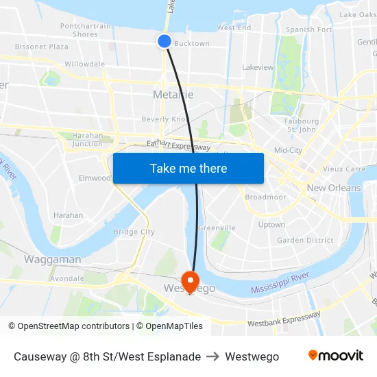 Causeway @ 8th St/West Esplanade to Westwego map