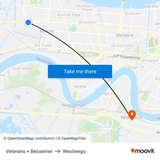 Veterans + Bessemer to Westwego map
