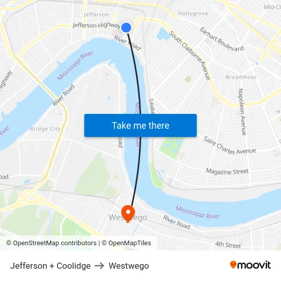 Jefferson + Coolidge to Westwego map