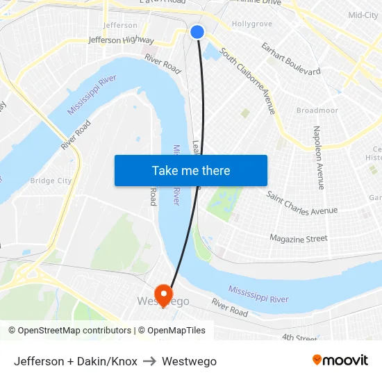 Jefferson + Dakin/Knox to Westwego map