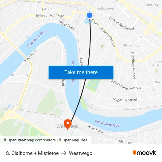 S. Claiborne + Mistletoe to Westwego map