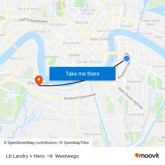 Lb Landry + Hero to Westwego map