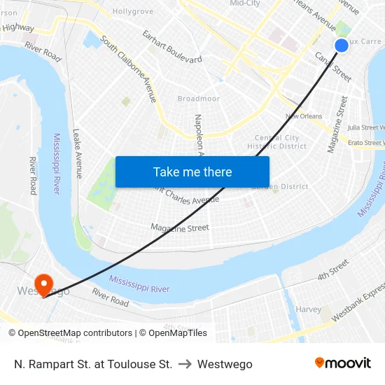 N. Rampart St. at Toulouse St. to Westwego map
