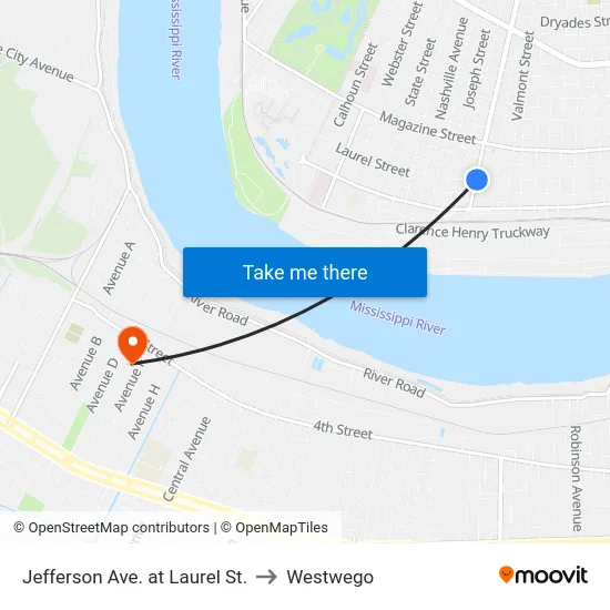 Jefferson Ave. at Laurel St. to Westwego map