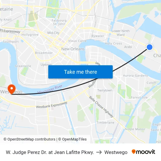 W. Judge Perez Dr. at Jean Lafitte Pkwy. to Westwego map