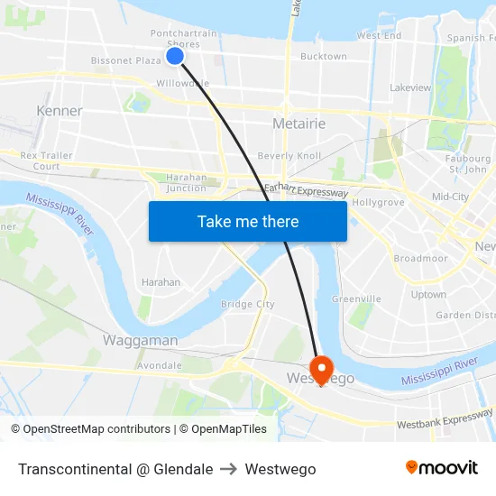 Transcontinental @ Glendale to Westwego map