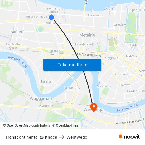 Transcontinental @ Ithaca to Westwego map