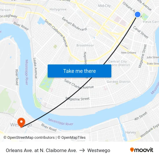 Orleans Ave. at N. Claiborne Ave. to Westwego map