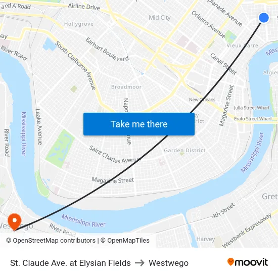 St. Claude Ave. at Elysian Fields to Westwego map