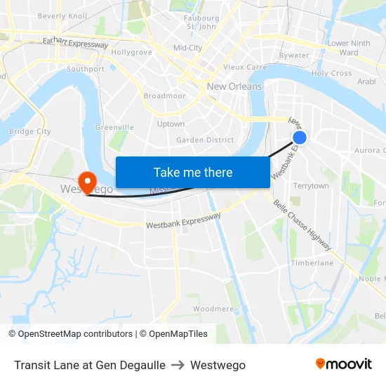 Transit Lane at Gen Degaulle to Westwego map