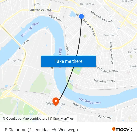 S Claiborne @ Leonidas to Westwego map