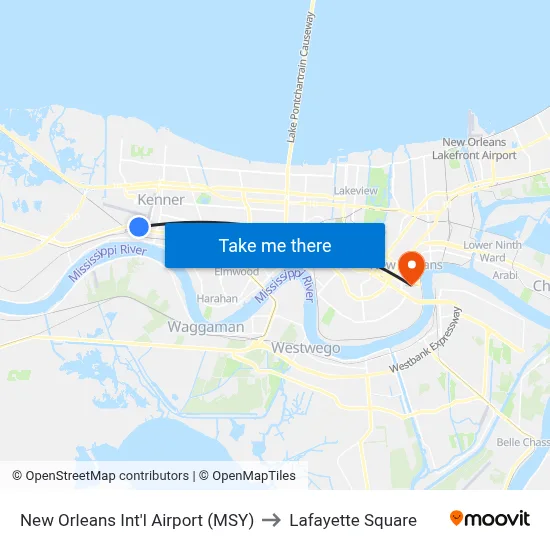 New Orleans Int'l Airport (MSY) to Lafayette Square map