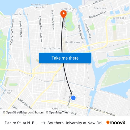 Desire St. at N. Bunnyfriend St. to Southern University at New Orleans - Park Campus map