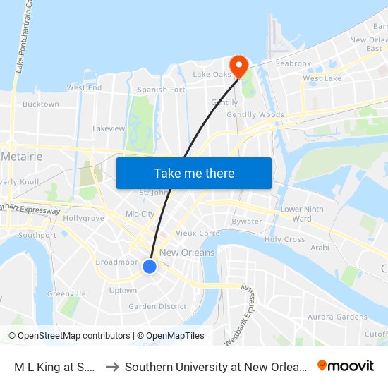M L King at S.Claiborne to Southern University at New Orleans - Park Campus map