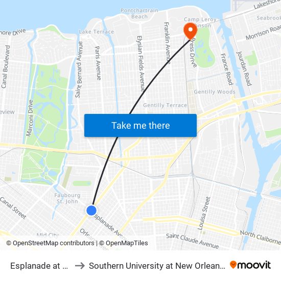 Esplanade at N. Broad to Southern University at New Orleans - Park Campus map