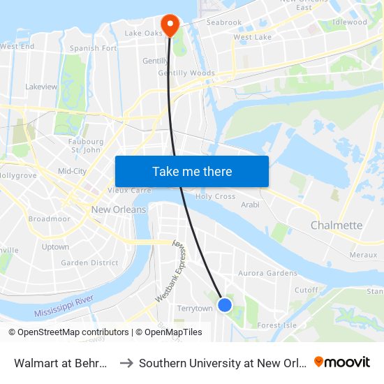Walmart at Behrman Highway to Southern University at New Orleans - Park Campus map