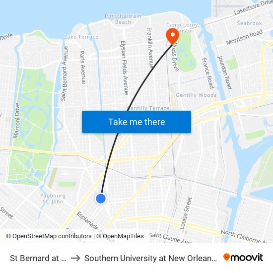 St Bernard at N. Tonti to Southern University at New Orleans - Park Campus map