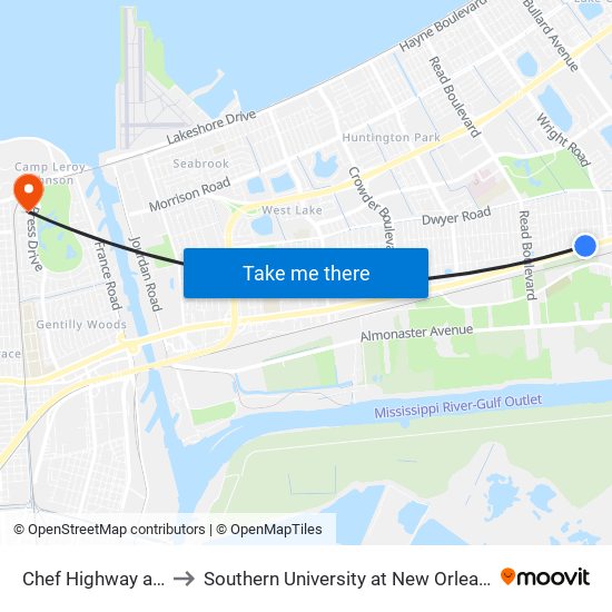 Chef Highway at Papania to Southern University at New Orleans - Park Campus map