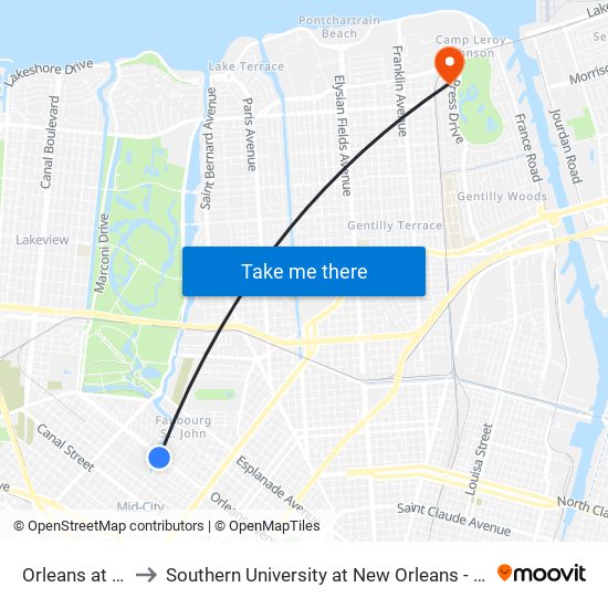 Orleans at Moss to Southern University at New Orleans - Park Campus map