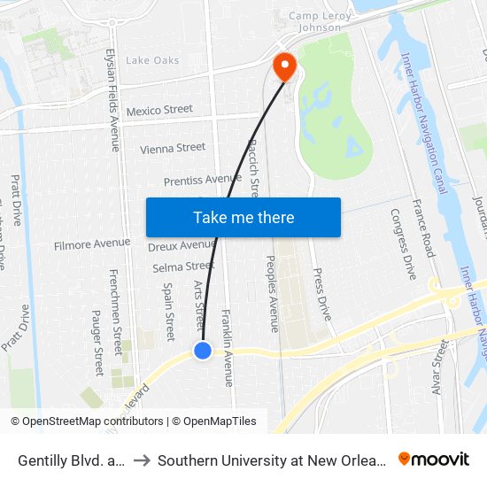 Gentilly Blvd. at Arts St. to Southern University at New Orleans - Park Campus map