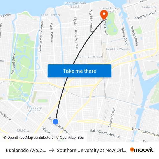 Esplanade Ave. at N. Miro St. to Southern University at New Orleans - Park Campus map