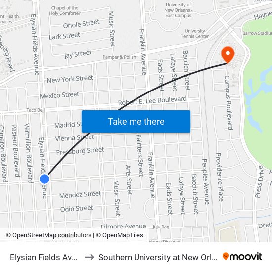 Elysian Fields Ave. at Prentiss to Southern University at New Orleans - Park Campus map