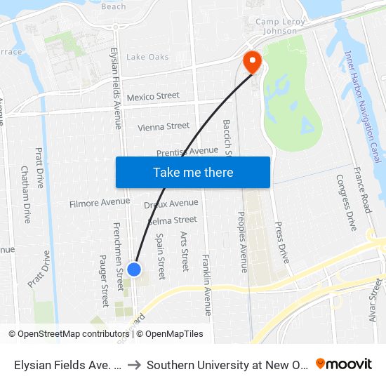 Elysian Fields Ave. at Sumpter St. to Southern University at New Orleans - Park Campus map