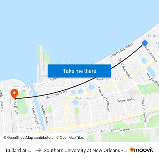 Bullard at Curran to Southern University at New Orleans - Park Campus map