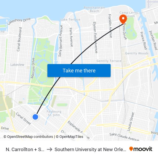 N. Carrollton + St Louis (In) to Southern University at New Orleans - Park Campus map