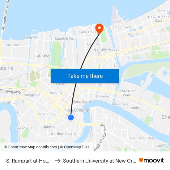 S. Rampart at Howard (Farside) to Southern University at New Orleans - Park Campus map
