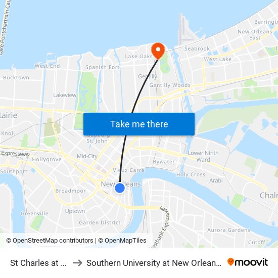 St Charles at Poydras to Southern University at New Orleans - Park Campus map