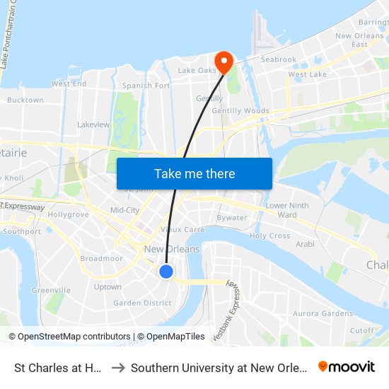 St Charles at Howard Ave to Southern University at New Orleans - Park Campus map