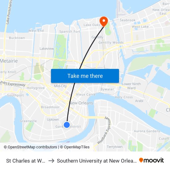 St Charles at Washington to Southern University at New Orleans - Park Campus map